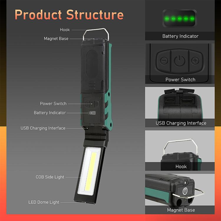 ES106 IP44 Waterproof COB Work Light USB Rechargeable Emergency Flashlight
