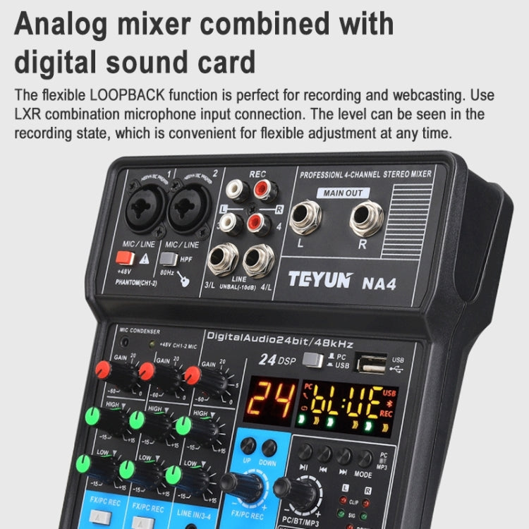 TEYUN NA4 4-channel Small Mixing Console Mobile Phone Sound Card Live Broadcast Computer Recording Console Processor, US Plug