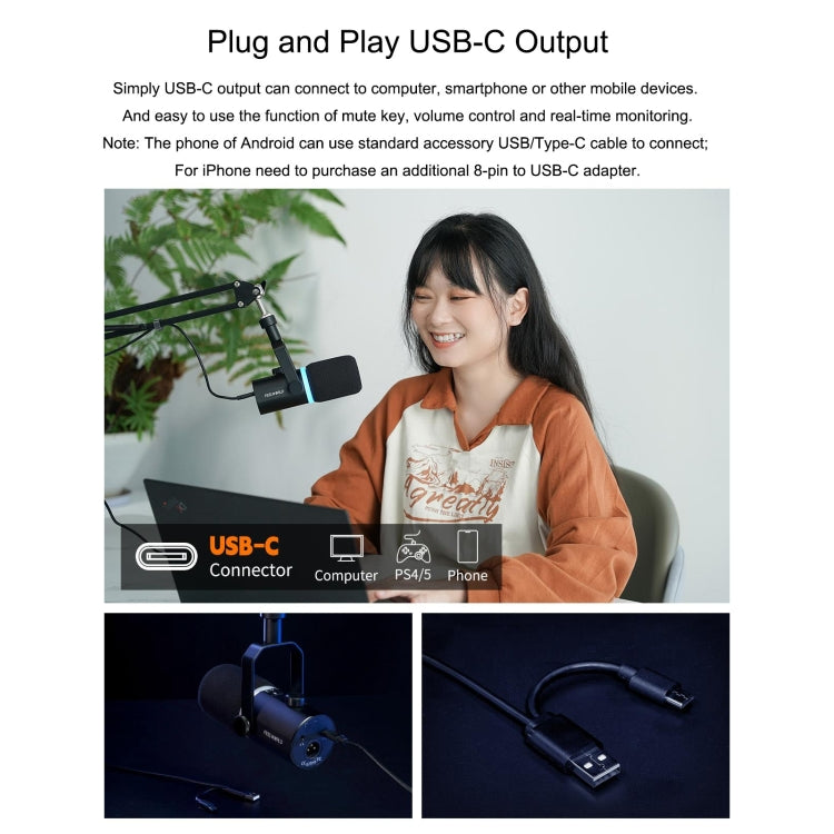 FEELWORLD PM1-AS XLR/USB Dynamic Microphone for Podcasting Recording Gaming Live Streaming with Boom Arm