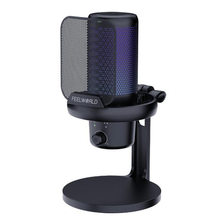 FEELWORLD VM1 USB Condenser Gaming Microphone for Streaming Noise Cancellation Mute RGB Light Desktop Stand