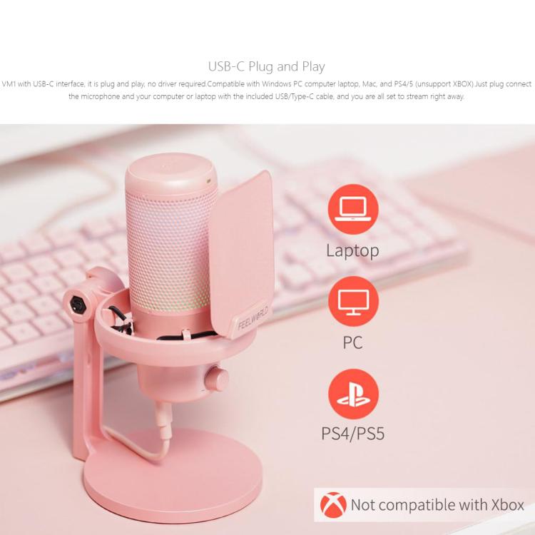 FEELWORLD VM1 USB Condenser Gaming Microphone for Streaming Noise Cancellation Mute RGB Light Desktop Stand