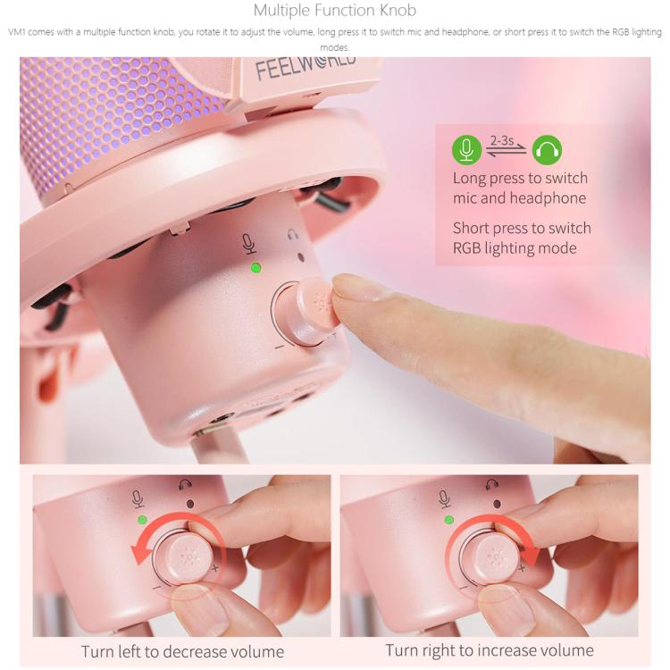 FEELWORLD VM1 USB Condenser Gaming Microphone for Streaming Noise Cancellation Mute RGB Light Desktop Stand