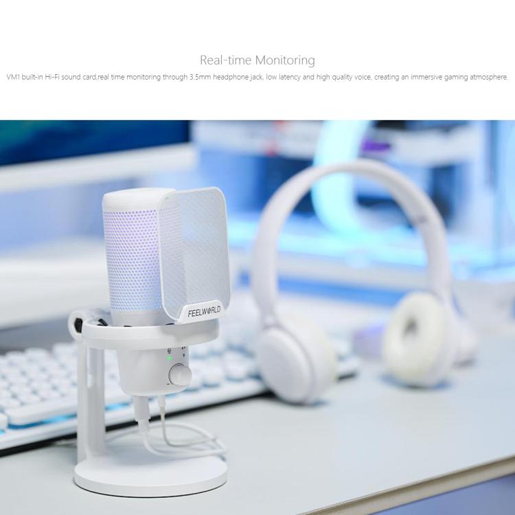FEELWORLD VM1 USB Condenser Gaming Microphone for Streaming Noise Cancellation Mute RGB Light Desktop Stand, VM1-XS