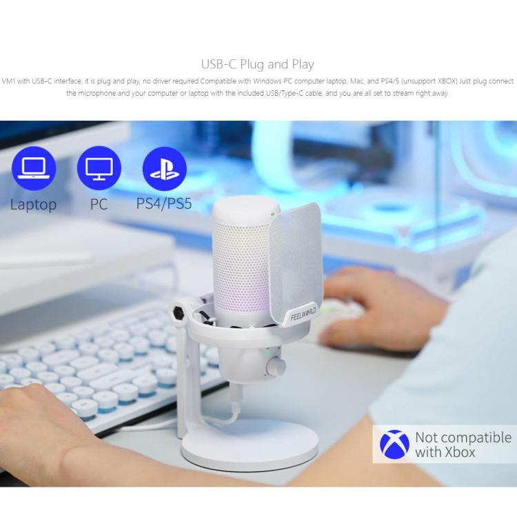FEELWORLD VM1 USB Condenser Gaming Microphone for Streaming Noise Cancellation Mute RGB Light Desktop Stand, VM1-XS