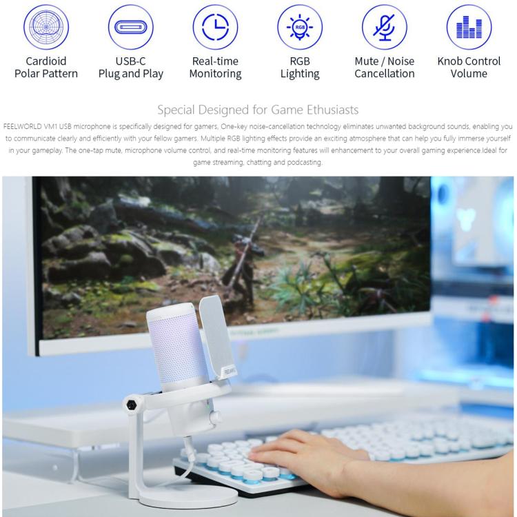 FEELWORLD VM1 USB Condenser Gaming Microphone for Streaming Noise Cancellation Mute RGB Light Desktop Stand, VM1-XS