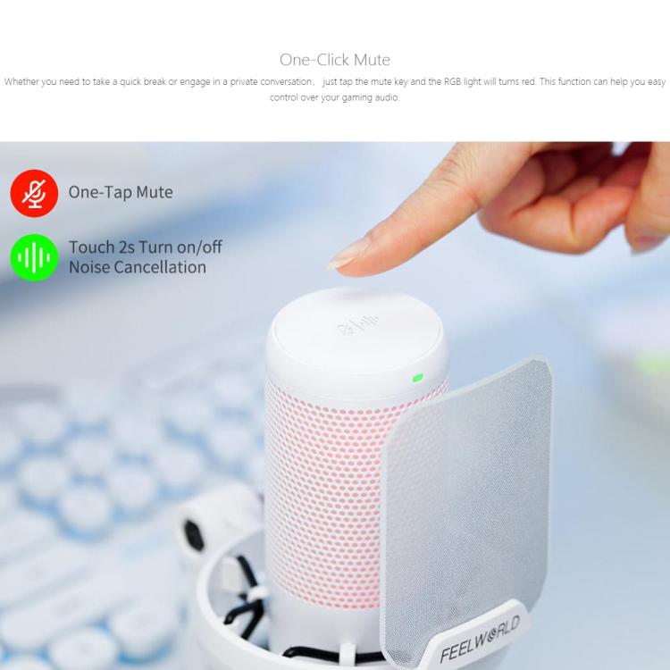 FEELWORLD VM1 USB Condenser Gaming Microphone for Streaming Noise Cancellation Mute RGB Light Desktop Stand, VM1-XS