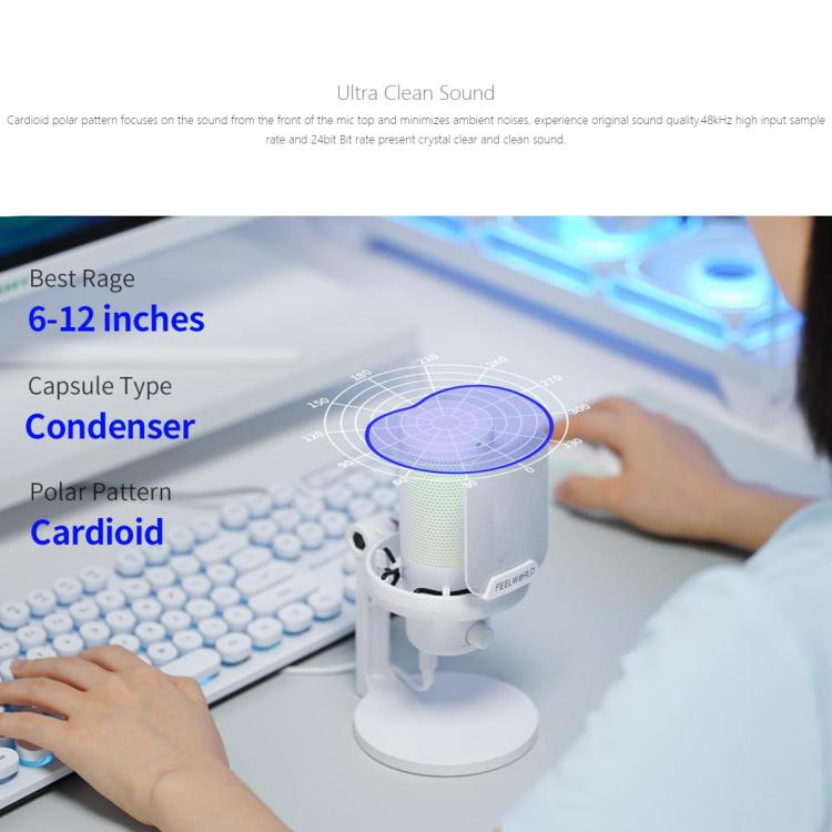 FEELWORLD VM1 USB Condenser Gaming Microphone for Streaming Noise Cancellation Mute RGB Light Desktop Stand, VM1-XS
