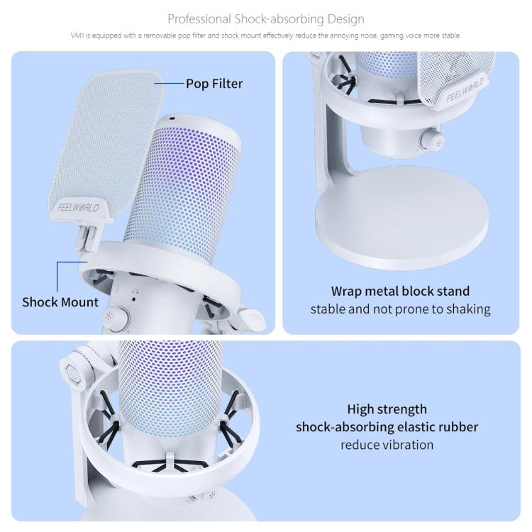 FEELWORLD VM1 USB Condenser Gaming Microphone for Streaming Noise Cancellation Mute RGB Light Desktop Stand, VM1-XS