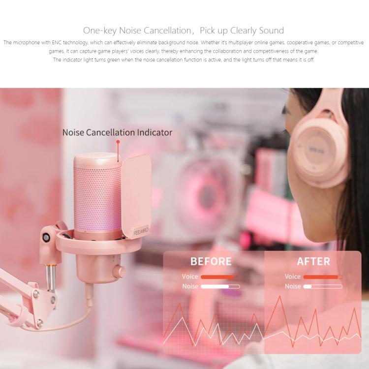 FEELWORLD VM1 USB Condenser Gaming Microphone for Streaming Noise Cancellation Mute RGB Light Boom Arm Stand