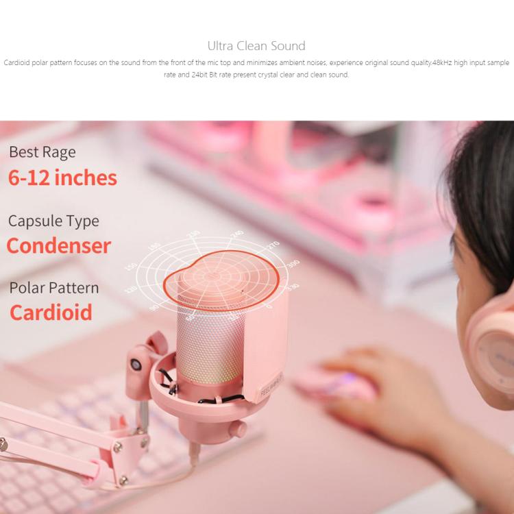 FEELWORLD VM1 USB Condenser Gaming Microphone for Streaming Noise Cancellation Mute RGB Light Boom Arm Stand