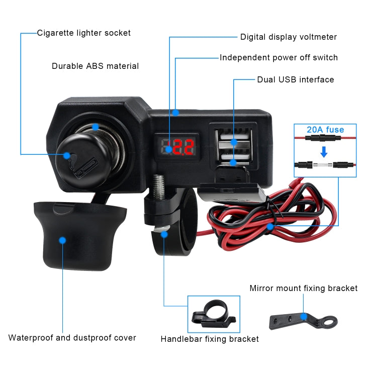 CS-1072B1 Motorcycle Dual USB Charger + Voltmeter with Cigarette Lighter & Cigarette Butts
