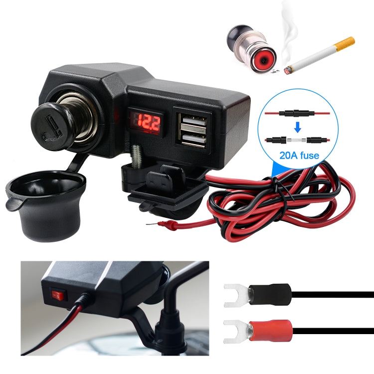CS-1072B1 Motorcycle Dual USB Charger + Voltmeter with Cigarette Lighter & Cigarette Butts