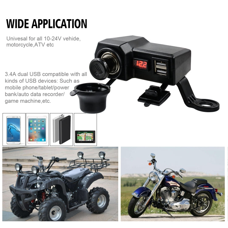 CS-1072B1 Motorcycle Dual USB Charger + Voltmeter with Cigarette Lighter & Cigarette Butts