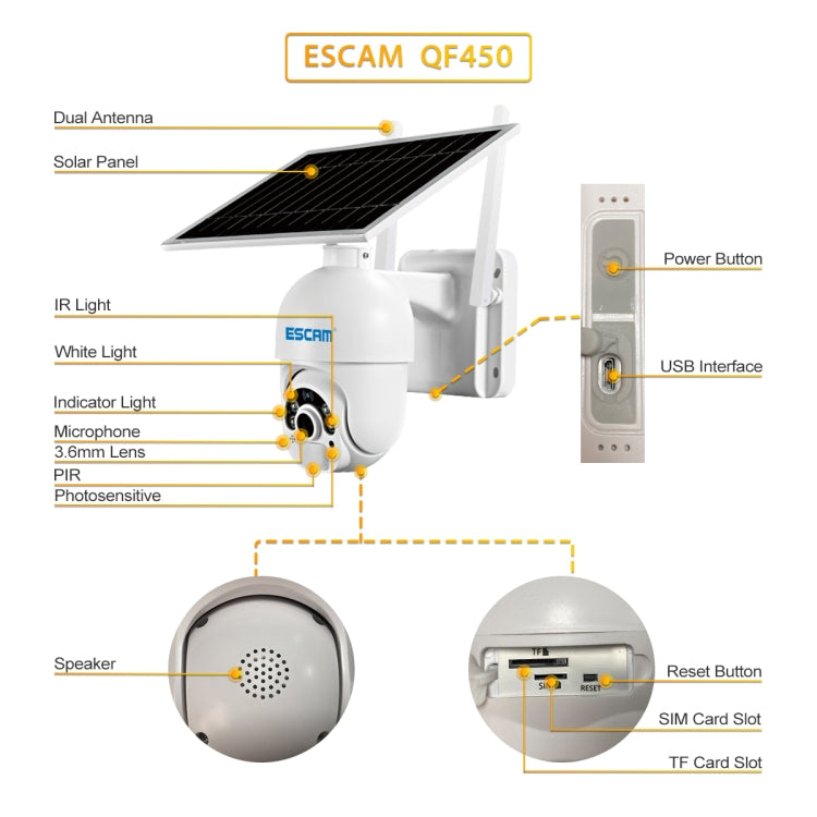 ESCAM QF450 HD 1080P 4G AU Version Solar Powered IP Camera with 64G Memory, Support Two-way Audio & PIR Motion Detection & Night Vision & TF Card