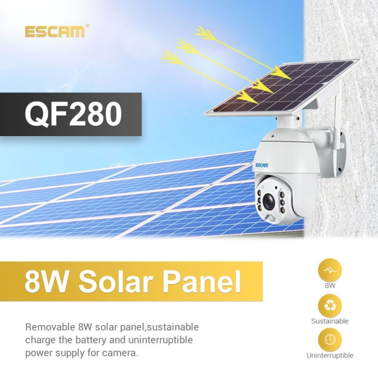 ESCAM QF280 HD 1080P IP66 Waterproof WiFi Solar Panel PT IP Camera with Battery, Support Night Vision / Motion Detection / TF Card / Two Way Audio