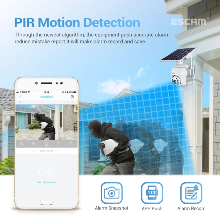 ESCAM QF480 US Version HD 1080P IP66 Waterproof 4G Solar Panel PT IP Camera with Battery, Support Night Vision / Motion Detection / TF Card / Two Way Audio