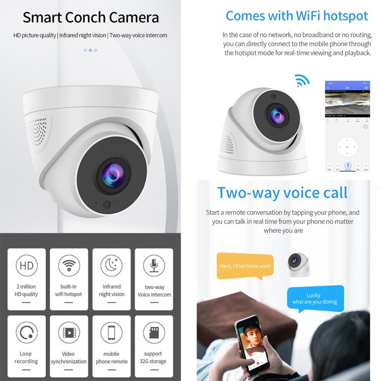 A5 Smart Conch WiFi Camera 1080P HD Night Vision IP Camera, USB Power-in