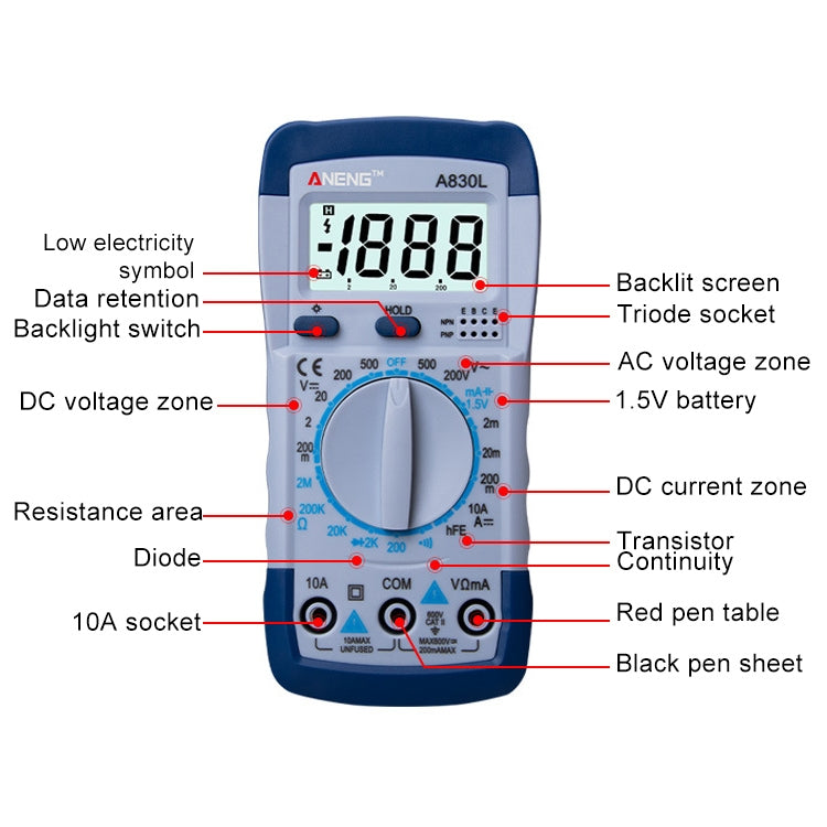 ANENG A830L Handheld Multimeter Household Electrical Instrument (Yellow Grey)