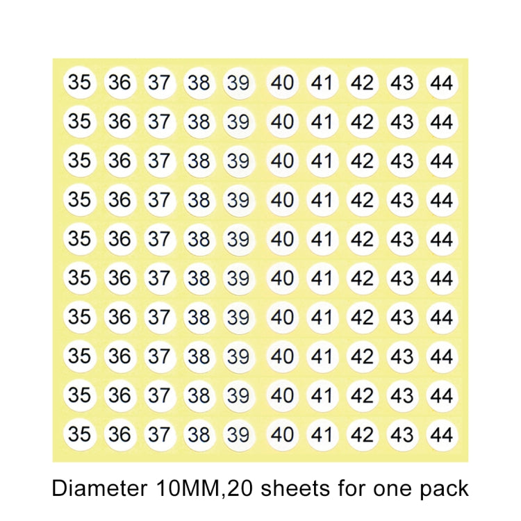 20 PCS Round Shape Number Sticker Shoe Size Label, Number 35-44