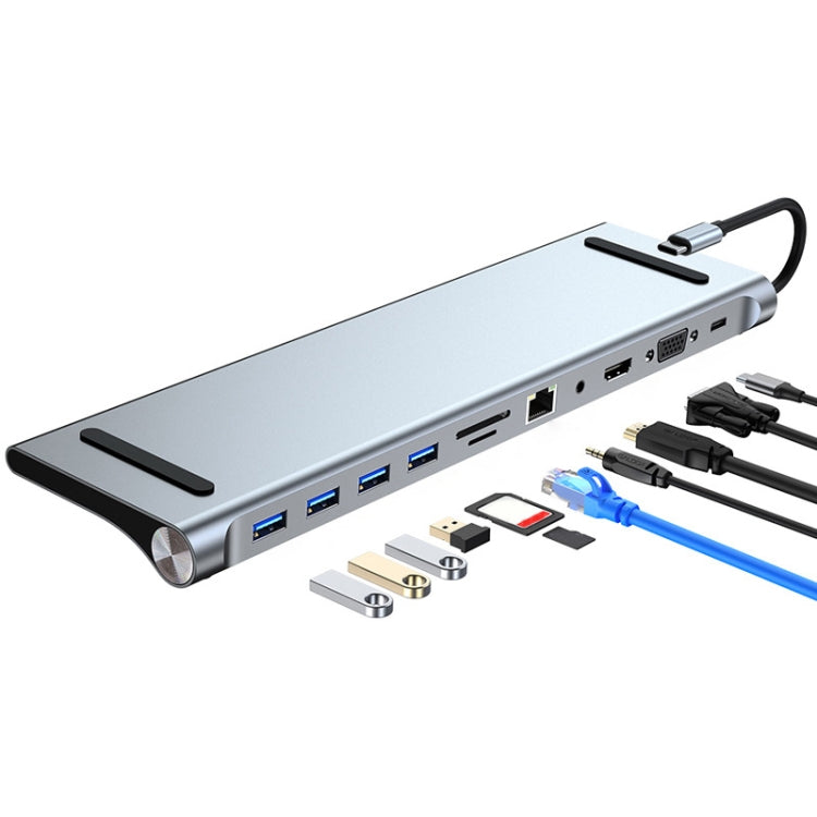 AD-059 11 in 1 USB-C / Type-C to 4K HDMI + VGA + SD / TF Card Slot + Gigabit Ethernet + 3.5mm AUX + USB-C / Type-C + 4 USB 3.0 Multifunctional Docking Station HUB