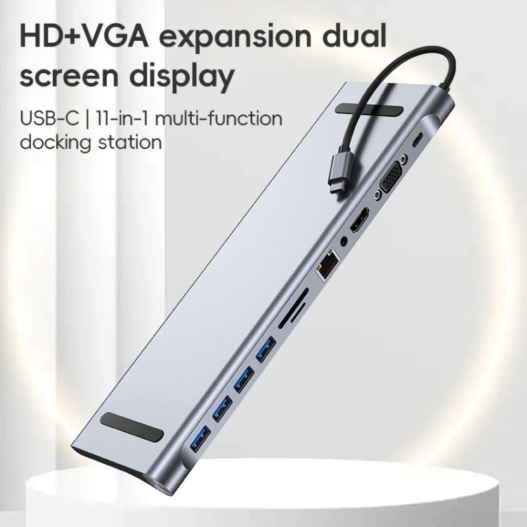 AD-059 11 in 1 USB-C / Type-C to 4K HDMI + VGA + SD / TF Card Slot + Gigabit Ethernet + 3.5mm AUX + USB-C / Type-C + 4 USB 3.0 Multifunctional Docking Station HUB