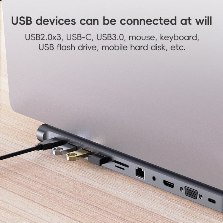 AD-059 11 in 1 USB-C / Type-C to 4K HDMI + VGA + SD / TF Card Slot + Gigabit Ethernet + 3.5mm AUX + USB-C / Type-C + 4 USB 3.0 Multifunctional Docking Station HUB