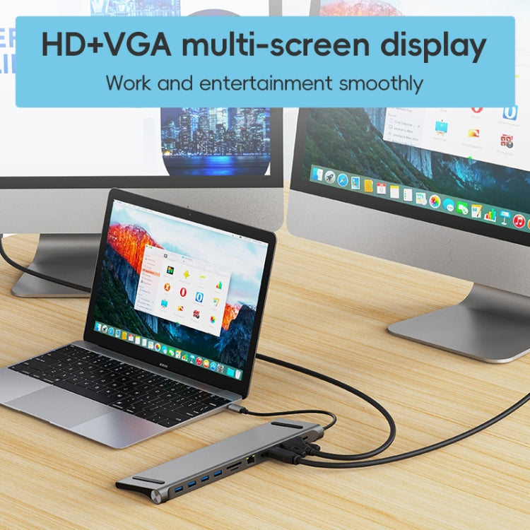 AD-059 11 in 1 USB-C / Type-C to 4K HDMI + VGA + SD / TF Card Slot + Gigabit Ethernet + 3.5mm AUX + USB-C / Type-C + 4 USB 3.0 Multifunctional Docking Station HUB