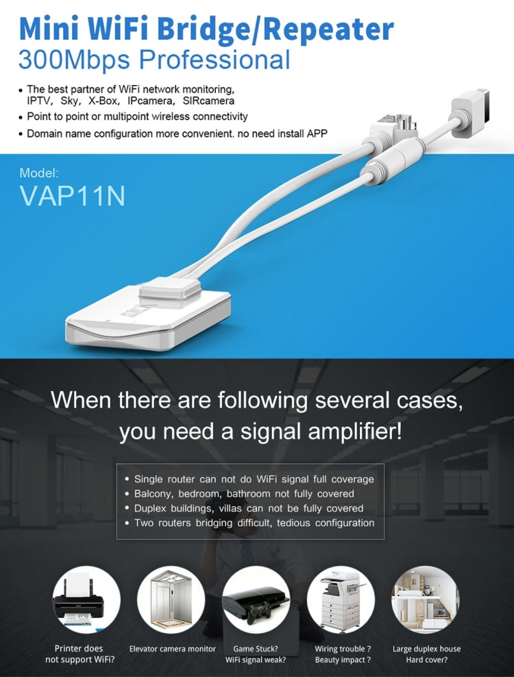 VONETS VAP11N Mini WiFi 300Mbps Repeater WiFi Bridge, Best Partner of IP Device / IP Camera / IP Printer / XBOX / PS3 / IPTV / Skybox