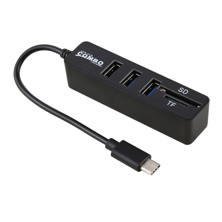 2 in 1 TF & SD Card Reader + 3 x USB Ports to USB-C / Type-C HUB Converter, Total Length: 24cm