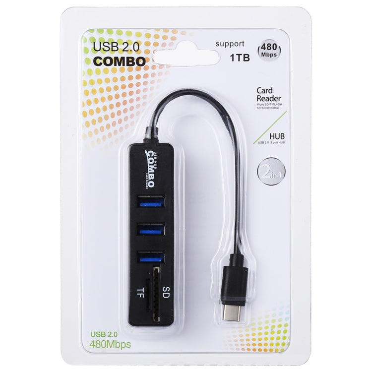 2 in 1 TF & SD Card Reader + 3 x USB Ports to USB-C / Type-C HUB Converter, Total Length: 24cm