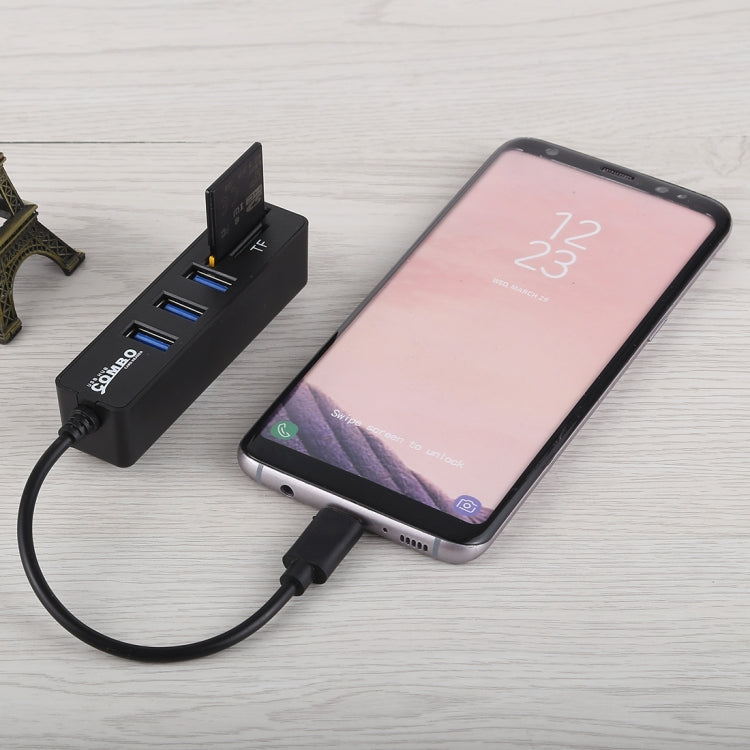 2 in 1 TF & SD Card Reader + 3 x USB Ports to USB-C / Type-C HUB Converter, Total Length: 24cm