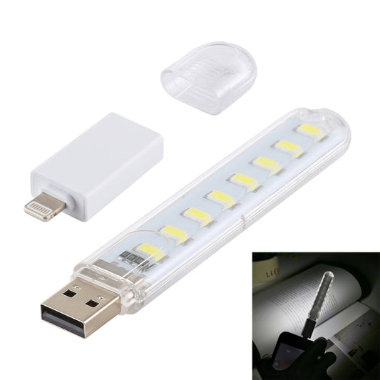 8LEDs 5V 200LM USB LED Book Light Portable Night Light, with 8 Pin Adapter