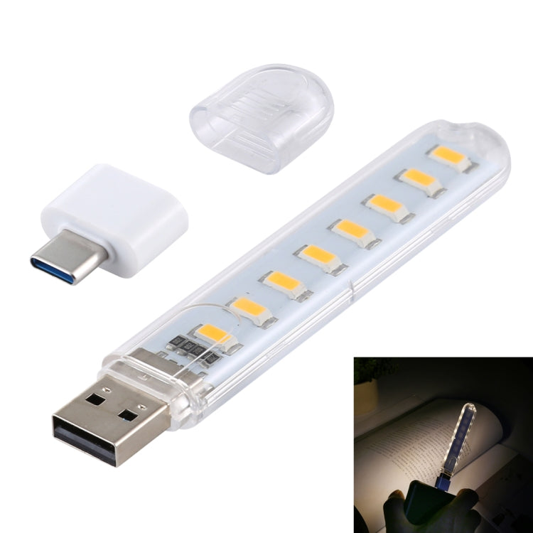 8LEDs 5V 200LM USB LED Book Light Portable Night Light, with Type-C Adapter