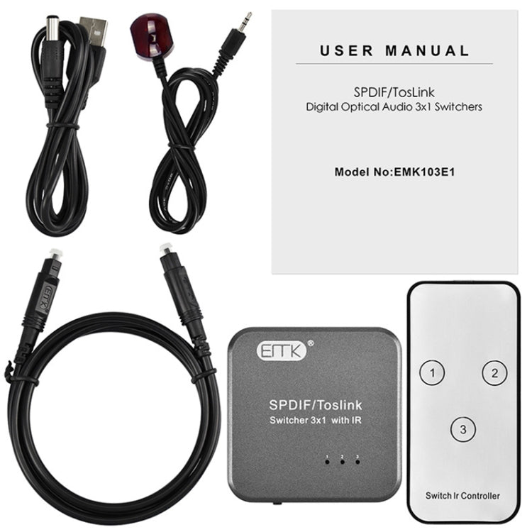 EMK SPDIF/TosLink Digital Optical Audio 3x1 Switcher with IR Controller