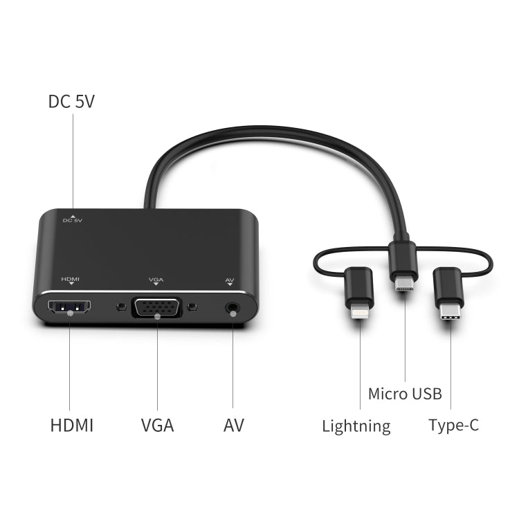 7585B 3 in 1 Micro USB / 8 Pin / Type-C to VGA / HDTV / AV Adapter Mobile HD Screen Player