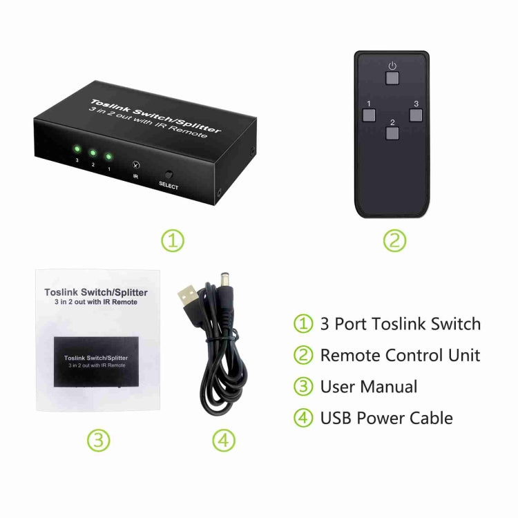 NK-T32 Toslink 3 In 2 Out Switch/Splitter with IR Remote
