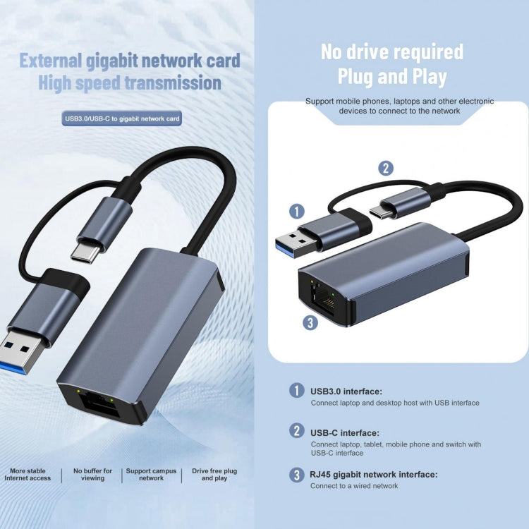BYL-2207TU 2 in 1 USB + Type-C to RJ45 Docking Station HUB Adapter