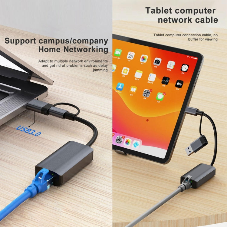 BYL-2207TU 2 in 1 USB + Type-C to RJ45 Docking Station HUB Adapter