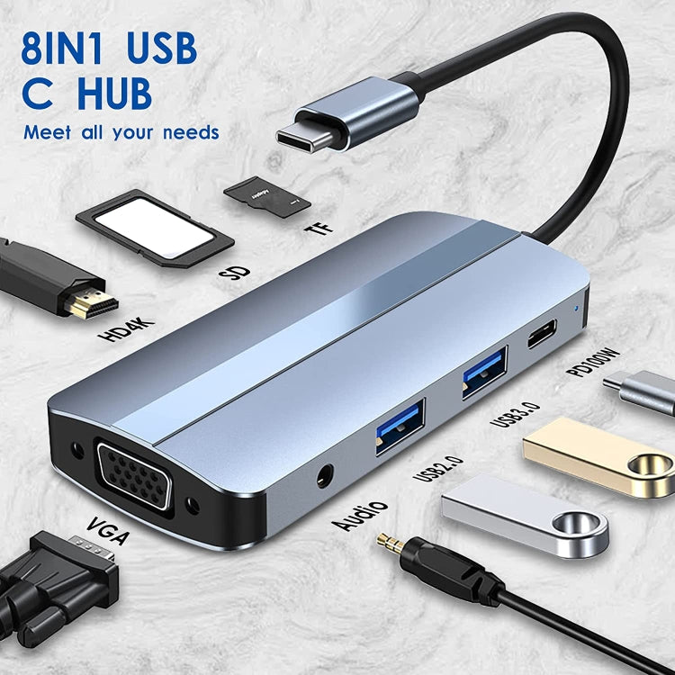 BYL-2105 8 in 1 USB-C / Type-C to USB Multifunctional Docking Station HUB Adapter