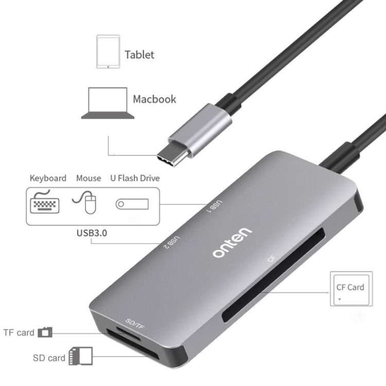 Onten 91882 5 In 1 USB3.0 x3 + SD + TF + CF Type-C / USB-C OTG Multi-function Card Reader
