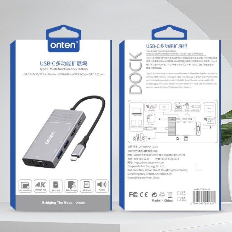 Onten 95113 8 In 1 USB 3.0 x2 + SD / TF + HDMI / VGA + 3.5mm Jack + Type-C / USB-C (PD 3.0) Multi-function HUB Converter Dock Station