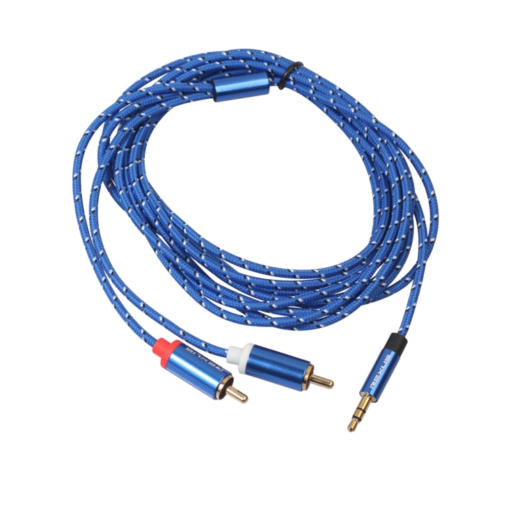 REXLIS 3610 3.5mm Male to Dual RCA Gold-plated Plug Blue Cotton Braided Audio Cable for RCA Input Interface Active Speaker, Length: 3m