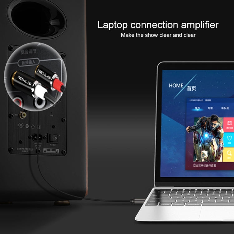 REXLIS 3635 3.5mm Male to Dual RCA Gold-plated Plug Black Cotton Braided Audio Cable for RCA Input Interface Active Speaker, Length: 5m