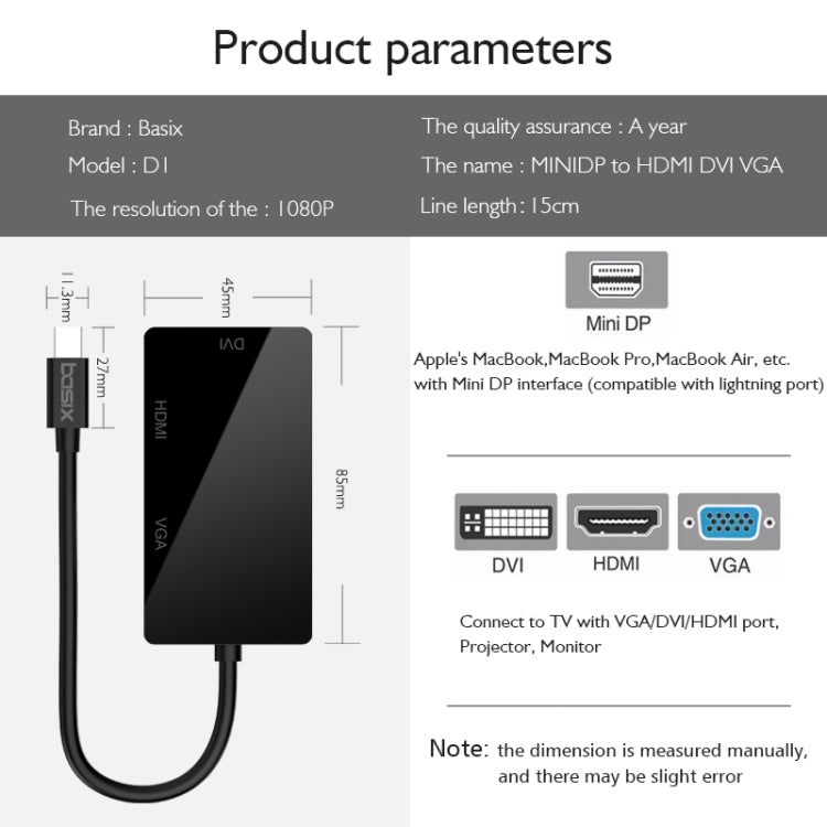 Mini DP to HDMI + DVI + VGA Rectangle Multi-function Converter, Cable Length: 28cm