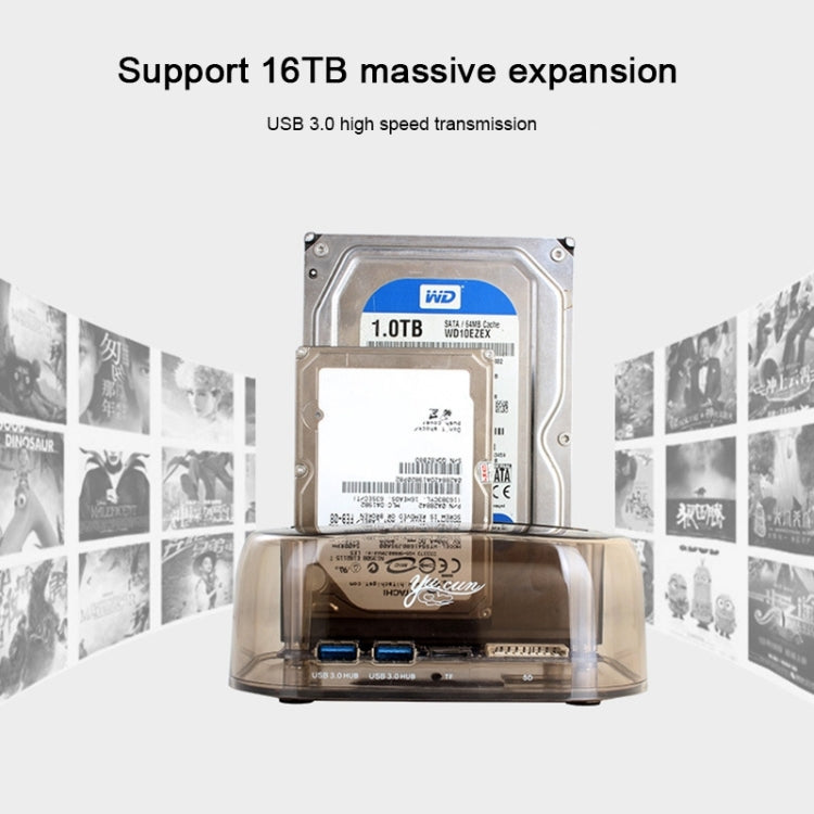 2.5 / 3.5 inch USB3.0 Dual SATA HDD Enclosure with HUB & OTB Function, The Maximum Support Capacity: 16TB