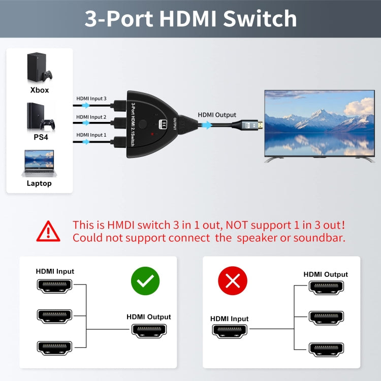 3 Port HDMI 8K Switcher Selector Box with Pigtail Cable