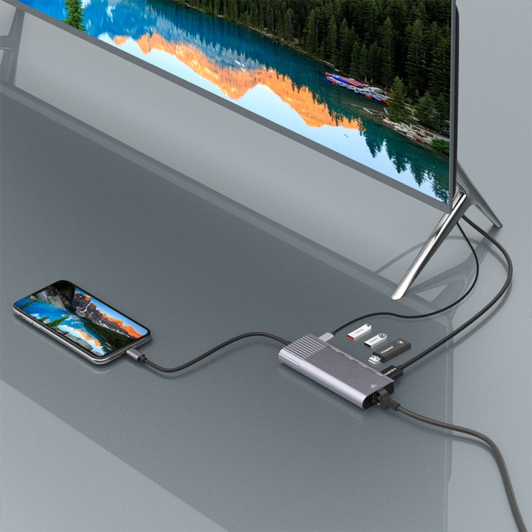79591 6 in 1 8 Pin to RJ45 + HDMI + 8 Pin Charging + 3 USB 2.0 Ports Multifunctional HUB Converter Docking Station