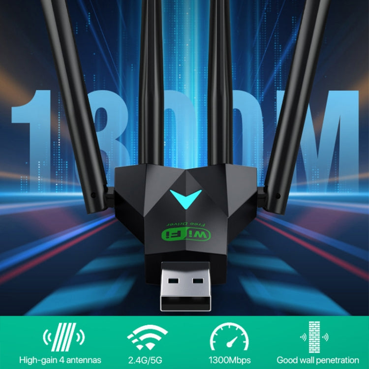 1300Mbps 5G Wireless Network Card Gigabit Dual Band Driver-free USB WiFi Receiver