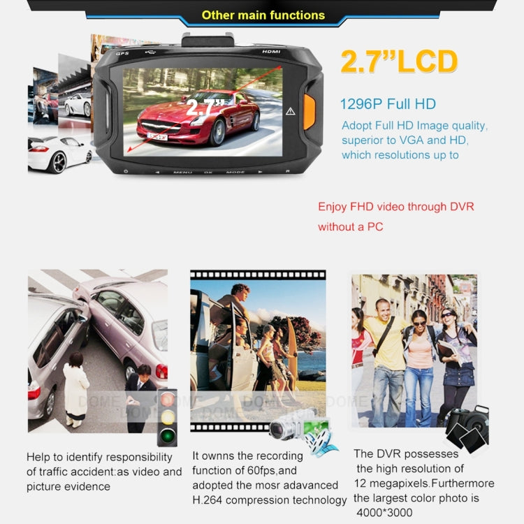 GS90C Car DVR Camera 2.7 inch LCD Screen HD 2304 x 1296P 170 Degree Wide Angle Viewing, Support Motion Detection / TF Card / G-Sensor / HDMI