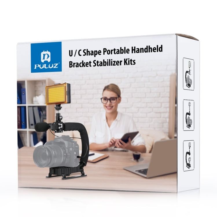 PULUZ U/C Shape Portable Handheld DV Bracket Stabilizer + Video Shotgun Microphone Kit with Cold Shoe Tripod Head  for All SLR Cameras and Home DV Camera